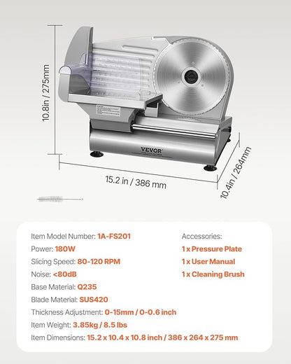 VEVOR Meat Slicer, 180W Electric Deli Food Slicer, 7.5 inch Meat Cutter with a Premium SUS420 Blade, 0-0.6 inch Adjustable Thickness, Food Slicer for Frozen, Hard Bread and Cheese, Home Use