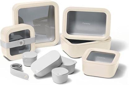 Caraway 14pc Glass Food Storage Container Set - Easy to Store, Non Toxic Lunch Box - with Glass Lids - Includes Storage Organizer & Dot & Dash Inserts - Cream
