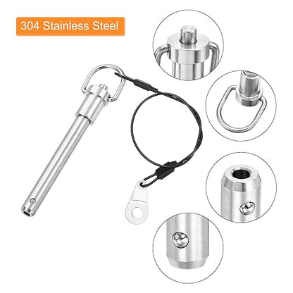uxcell 1 Pcs Quick Release Pin, 3/8" x 2.52"(Dia. x L) Push-Button Ball Locking Pin 304 Stainless Steel Ring Handle Locking Pin with Wire for Audio Bimini Top Marine, Silver