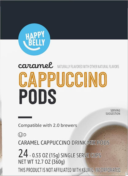 Amazon Brand - Happy Belly Cappuccino Coffee Pods Compatible with K-Cup Brewers, Caramel Flavored, 24 Count (Pack of 2)
