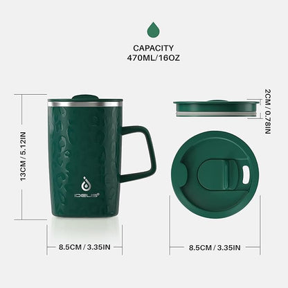 Ideus Vacuum Insulated Coffee Mug, 16oz Reusable Stainless Steel Thermal Double Walled cup with Handle and Slider Lid for Hot & Cold Beverages, BPA Free (Leapord Dark Green)