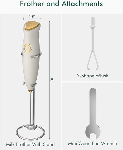 Milk Frother With Stand Handheld Frother Wand Drink Mixer Handheld Coffee Stirrers Electric Frother for Coffee Mixer Wand with 2 Whisk frother for protein powder-White/Gold