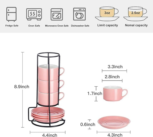 2.5oz Porcelain Stackable Espresso Cups with Saucers and Metal Stand Set of 4, Stackable Cappuccino Cups, Pink Expresso Shots Cup Set for Coffee Drinks, Latte, Tea