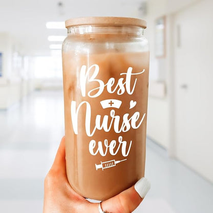 SANDJEST Nurse Cup 16 Oz Glass Can with Bamboo Lid and Straw - Nurse Gifts for Women - Appreciation Nursing Gifts for Female on Birthday