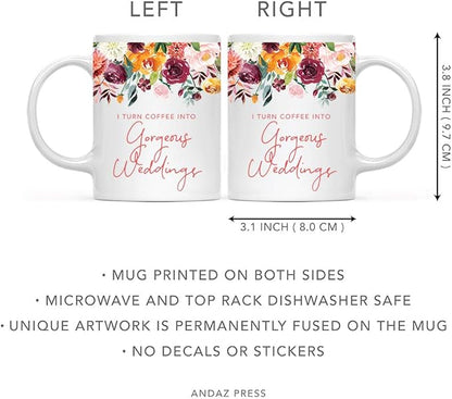 Andaz Press 11oz. Wedding Ceramic Coffee Tea Mug Gift for Wedding Planner, Fall Autumn Burgundy Orange Peach Flowers Roses Florals, I Turn Coffee Into Gorgeous Weddings, 1-Pack, Includes Gift Box