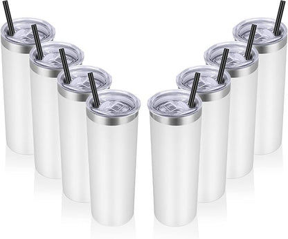 VEGOND Stainless Steel Tumblers Bulk 8 Pack, 20 oz Vacuum Insulated Skinny Tumblers with Lid and Straw, Double Wall Coffee Mug, Travel Water Cup, White
