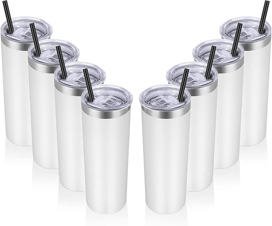 VEGOND Stainless Steel Tumblers Bulk 8 Pack, 20 oz Vacuum Insulated Skinny Tumblers with Lid and Straw, Double Wall Coffee Mug, Travel Water Cup, White