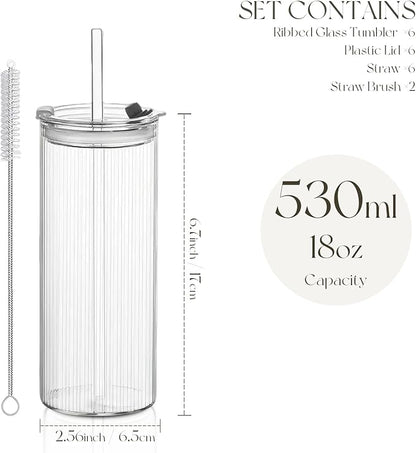 KEMORELA 6-Pack 18oz Ribbed Glass Cups with Lids & Straws – Round Textured Drinking Glasses for Iced Coffee, Bubble Tea, Juice & Smoothies – Reusable Clear Tumblers with Leakproof Lids & Straws