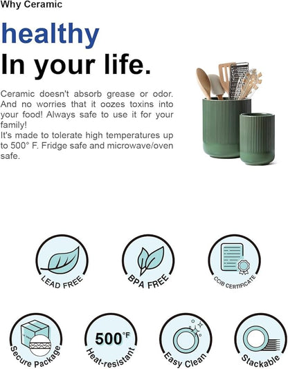 LE TAUCI Utensil Holder, 7.3"+5.4" Ceramic Kitchen Utensil Holder for Countertop, Large Cooking Utensil Crocks for Kitchen Counter, Morden Utensil Organizer for Spatula, Set of 2, Forest Green