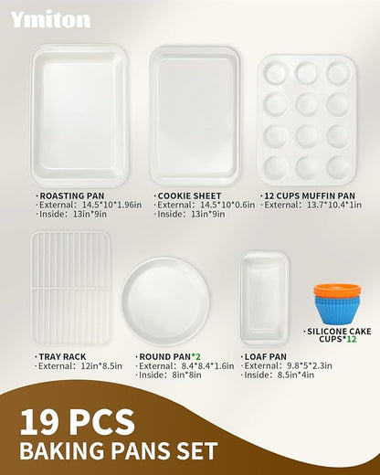 Nonstick Baking Pans Set, 19 PCS Stackable Bakeware Sets, Oven Pan Set Includes Baking Tray, Cookie Sheet, Cake Pans, Loaf Pan, Muffin Pan, Silicone Cups