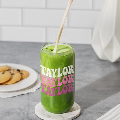 Personalized Tumbler with Name-Glass with Lids and Straws-18OZ Iced Coffee Cups with Lids, Cute Glass Cups, Mothers Day Birthday Gift for Women Her (TwsName)