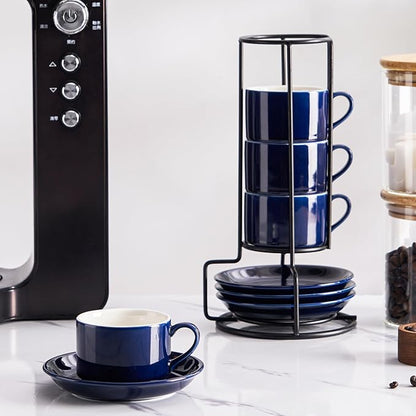 2.5oz Porcelain Stackable Espresso Cups with Saucers and Metal Stand Set of 4, Stackable Cappuccino Cups, Blue Expresso Shots Cup Set for Coffee Drinks, Latte, Tea