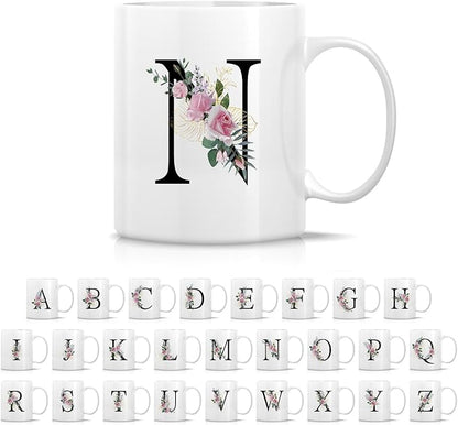 Retreez Initial A-Z Floral Botanical Bouquet Alphabet Monogrammed Monogram Mug 11 Oz Ceramic Tea Coffee Mugs - Appreciation Thank You Wedding Birthday Gifts for her friend coworker sister - N Initial