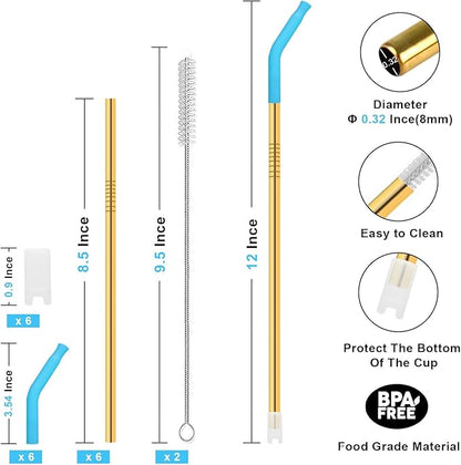 Newly Upgraded 8.5In Reusable Stainless Steel Straws Set 6 PCS with12 Silicone Accessories, 2 Straw Brush, 1 Storage Case, BPA Free, Eco-Friendly Metal Straws for 14, 20, 30,40 oz Tumbler