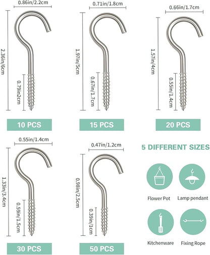 125 Pcs Screw Hooks in 5 Sizes – Cup Hooks for Hanging Plants, Mugs, Lights, and Ceiling Storage (Silver)