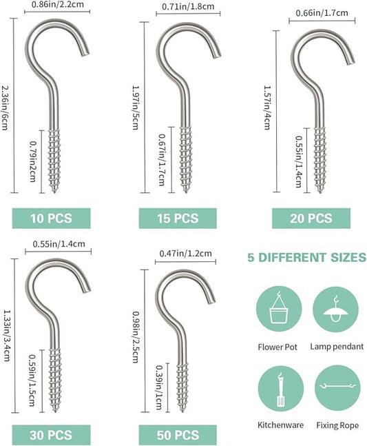 125 Pcs Screw Hooks in 5 Sizes – Cup Hooks for Hanging Plants, Mugs, Lights, and Ceiling Storage (Silver)