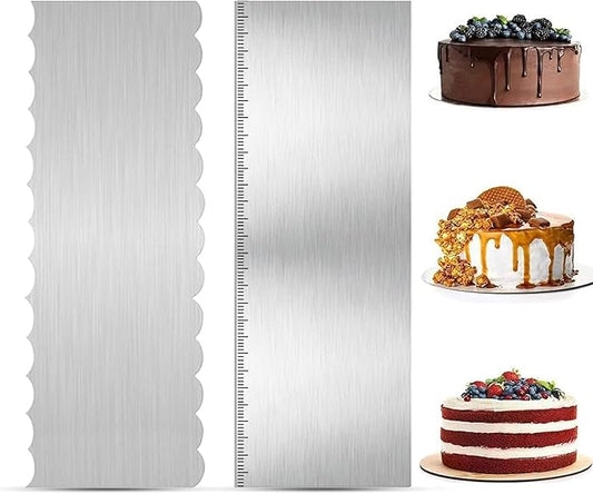 2Pcs Stainless Steel Cake Scraper - 8.6 Inch Double Sided Patterned Edge Stripe Smoother Scraper, Cake Smoother for Icing Mousse Butter Cream, Cake Decorating Comb Measuring Tool