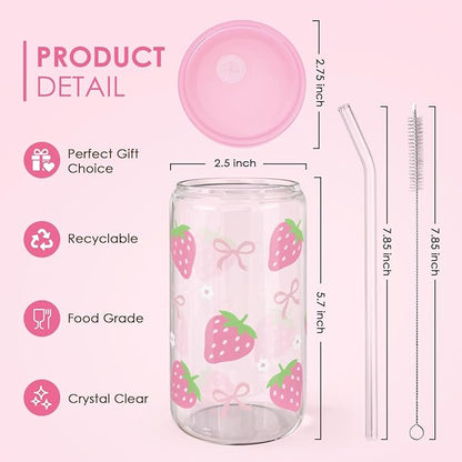 Strawberry 16 Oz Can Glass Tumbler with Acrylic Lid and Straw - Iced Coffee Cups for Women, Aesthetic Glass Cup Gift for Birthday Christmas