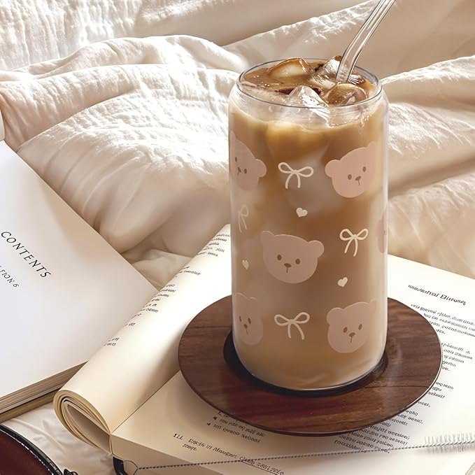 SANDJEST Bear Glass Can, Iced Coffee Aesthetic Cup, Gift for Christmas Birthday, Gifts for Women Girls, 16oz
