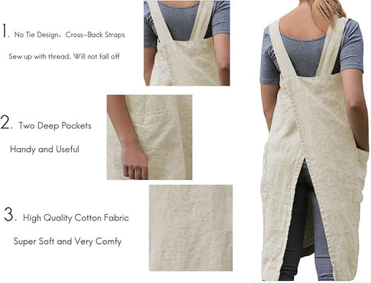 Women's Pinafore Square Apron Baking Cooking Gardening Works Cross Back Cotton/Linen Blend Dress with 2 Pockets