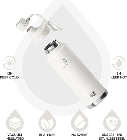 IDEUS Insulated Stainless Steel Water Bottle with 2 Leak-Proof Lids, Thermal Water Flask for Hiking Biking, 40oz, White