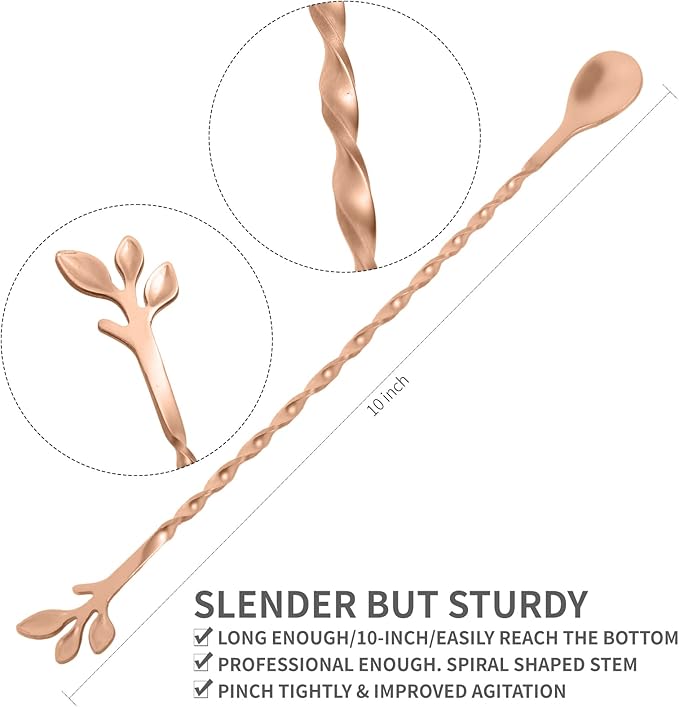 AnSaw Rose Gold 10-Inch Stainless Steel Cocktail Spoon with Leaf Handle - Perfect for Mixing & Layering Drinks in Tall Cups, Bar & Shakers - Durable Long Handle Bar Stirrer,1-Pieces