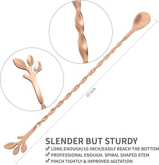 AnSaw Rose Gold 10-Inch Stainless Steel Cocktail Spoon with Leaf Handle - Perfect for Mixing & Layering Drinks in Tall Cups, Bar & Shakers - Durable Long Handle Bar Stirrer,1-Pieces