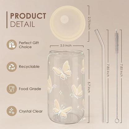 SANDJEST Butterfly Glass Can, Iced Coffee Aesthetic,Cup, Gifts for Christmas Birthday, Gift for Women Girls, 16oz