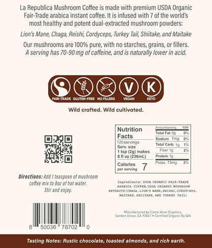 La Republica Big Shot Decaf Instant Mushroom Coffee Organic (120 Servings) with Lion's Mane, Reishi, Chaga, Cordyceps, Maitake, Turkey Tail