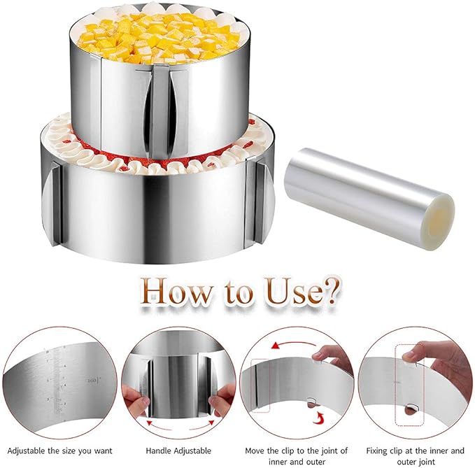 Cake Rings Mousse Mold Acetate Cake Collar Set - Adjustable 6 to12 Inches Stainless Steel Baking Rings Round Cake Molds with 5.5 x 394 Inch Clear Cake Acetate Sheet Rolls for Baking Pastry, Cake Decor