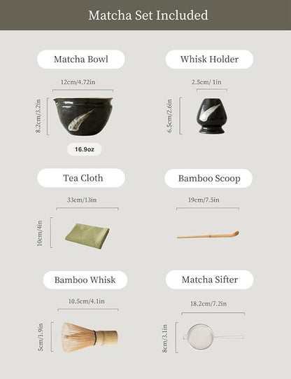 6-pcs Japanese Matcha Whisk Set with Handmade Wabi-Sabi Ceramic Bowl(Chawan),Bamboo Chasen, Whisk Holder, Scoop, Sifter & Tea Towel,Matcha Ceremony Kit,(Ink Cloud)