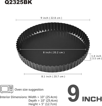 9-Inch Round Tart Pan with Loose Removable Bottom, Non-Stick Carbon Steel Quiche Pan for Oven Baking (Black)