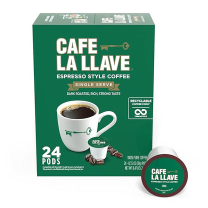 Cafe La Llave Espresso-Style Dark Roast Coffee Pods for Keurig K-Cup Brewers - Bold, Rich Flavor - 24 Count Single Serve Recyclable Capsules- Family Crafted
