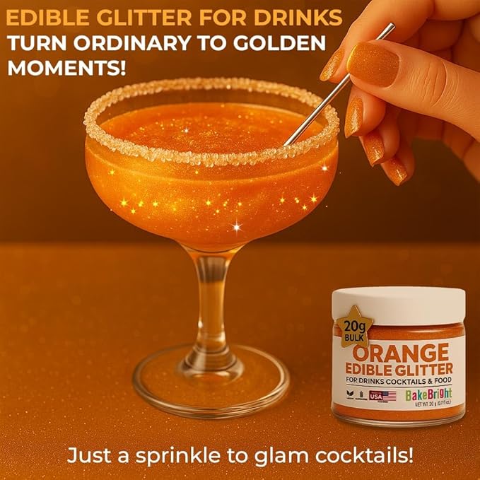 Bulk (20g) Orange Edible Glitter for Drinks | Premium Edible Glitter for Cakes Drink Brew Glitter Orange Edible Glitter Orange Cake Decorations Edible Orange Glitter for Strawberries Cocktail Glitter