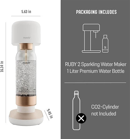 Mysoda Ruby 2 Sparkling Water Maker - Soda Streaming Machine Silent Carbonated Water Machine Robust Long-Lasting Aluminium Soda Maker 1L Water Bottle Without CO2 Cylinder - White Copper Soda Machine