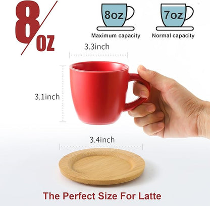 Hasense 8 oz Tea Cups and Saucers Set of 6, Ceramic Coffee Cups with Handle, Latte, Cappuccino, Espresso, Stackable for Party, Home and Kitchen, Red