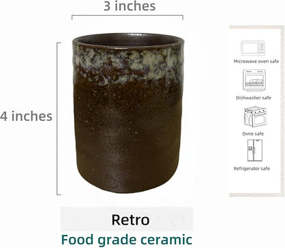 Stoneware Coffee Bar Utensil Holder Tea & Coffee Spoon & Stirrer Holder for Stir Stick Straw Teaspoon Holder Spoon Cup Small Utensil Jar (Retro Rustic Brown)