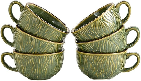 Set of 6 Vintage Design 12 oz Professional Barista Ceramic Latte Art Cappuccino Cups Set (Wave Green)