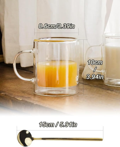 LIBWYS 12oz Double Wall Coffee Mugs (2 Pack) - Insulated Borosilicate Glass Cups with Handle for Espresso, Cappuccino, Latte - Heat Resistant, Dishwasher Safe Hot/Cold Beverage Glasses 350ml