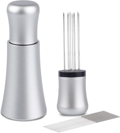 WDT tool, Espresso Distribution tools, 10 x 0.35mm 304 Stainless Steel Needles Installed with 10 Extra needles for Espresso Stirrer Replacement, Aluminum Alloy Handle with Stand (Matte Silver)