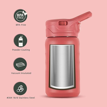 IDEUS Insulated Water Bottle 12oz, Stainless Steel Insulated Water Bottle For School, Insulated Bottles With Straws Leakproof, Vacuum Double Wall Water Bottles For Boys And Girls With 2 Lids, BPA Free