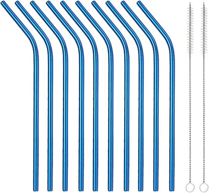 10 Pcs Stainless Steel Straws, Reusable Drinking Straws, Bent Metal Straw Sets with 2 Pcs Cleaning Brushes (Blue, 8.5 Inch)
