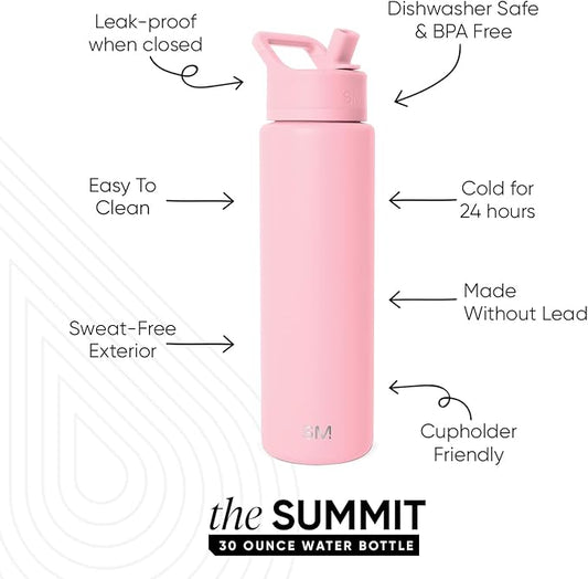 Simple Modern Water Bottle with Straw Lid | Vacuum Insulated Stainless Steel Metal Thermos | Reusable Leak Proof BPA-Free Flask for Sports Gym | Summit Collection | 30oz, Blush