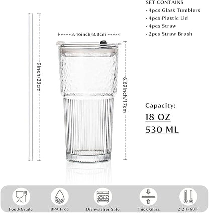 INSETLAN 530ml Glass Cups with Straws & Straw Cleaner, Set of 4, Clear Ribbed Drinking Glasses with Plastic Lids for Water, Juice, Iced Coffee & Smoothies, Dishwasher Safe