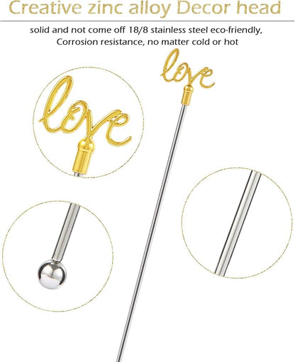4Pcs Cocktail Stirrers Swizzle Sticks Stainless Steel 7.3" Coffee Stir Sticks with Gold Mr & Mrs,LOVE Shape, for Mixing Cocktail Metal Stir Sticks for Coffee Bar