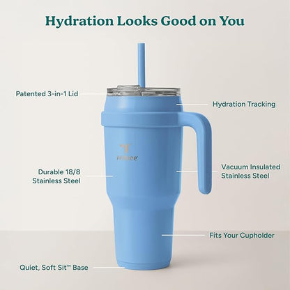 REDUCE Cold1 40 oz Tumbler with Handle - Vacuum Insulated Stainless Steel Water Bottle for Home, Office or Car, Reusable Mug with Straw or Leakproof Flip Lid, Keeps Drinks Cold All Day- Oahu Blue
