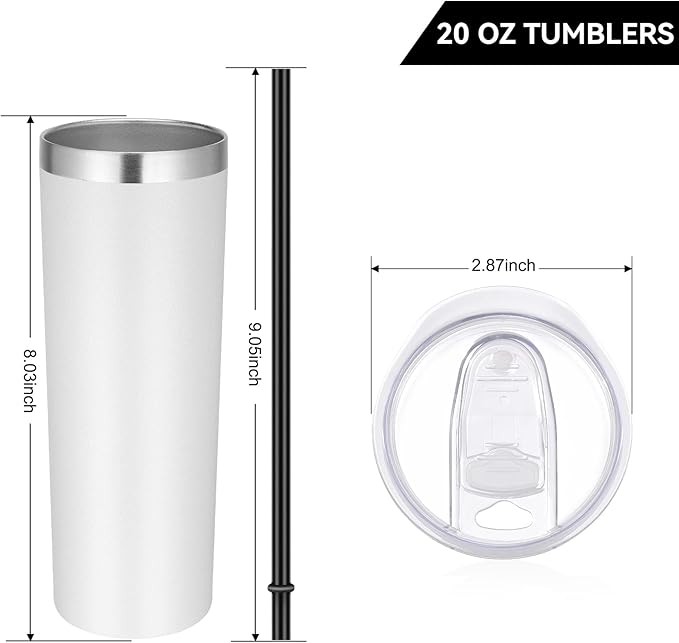 VEGOND Stainless Steel Skinny Tumbler, 20 oz Vacuum Insulated Tumbler with Lid and Straw, Double Wall Coffee Cup, Travel Mug for Cold Hot Drinks, White 1 Pack