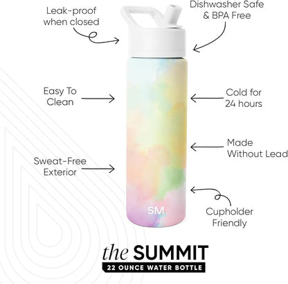 Simple Modern Water Bottle with Straw Lid | Vacuum Insulated Stainless Steel Metal | Reusable Leak Proof BPA-Free Cup for School | Summit Collection | 22oz, Cotton Candy Tie Dye
