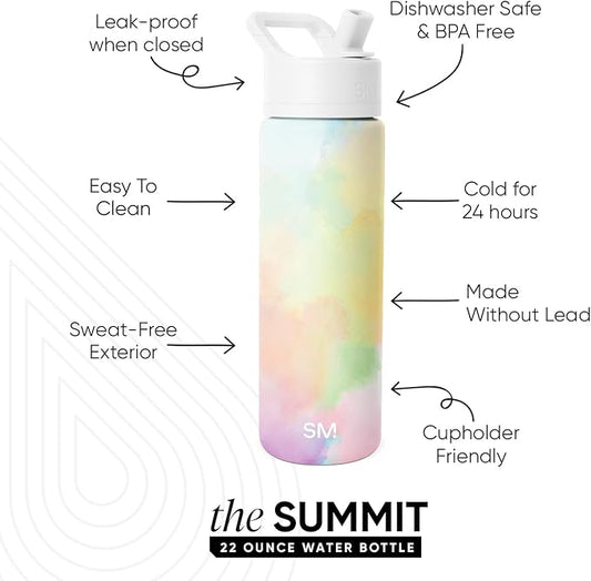 Simple Modern Water Bottle with Straw Lid | Vacuum Insulated Stainless Steel Metal | Reusable Leak Proof BPA-Free Cup for School | Summit Collection | 22oz, Cotton Candy Tie Dye