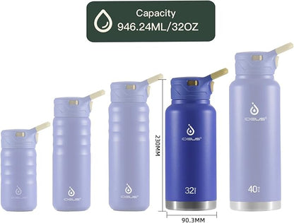 IDEUS Insulated Stainless Steel Water Bottle with 2 Leak-Proof Lids, Thermal Water Flask for Hiking Biking, 32oz, Purple